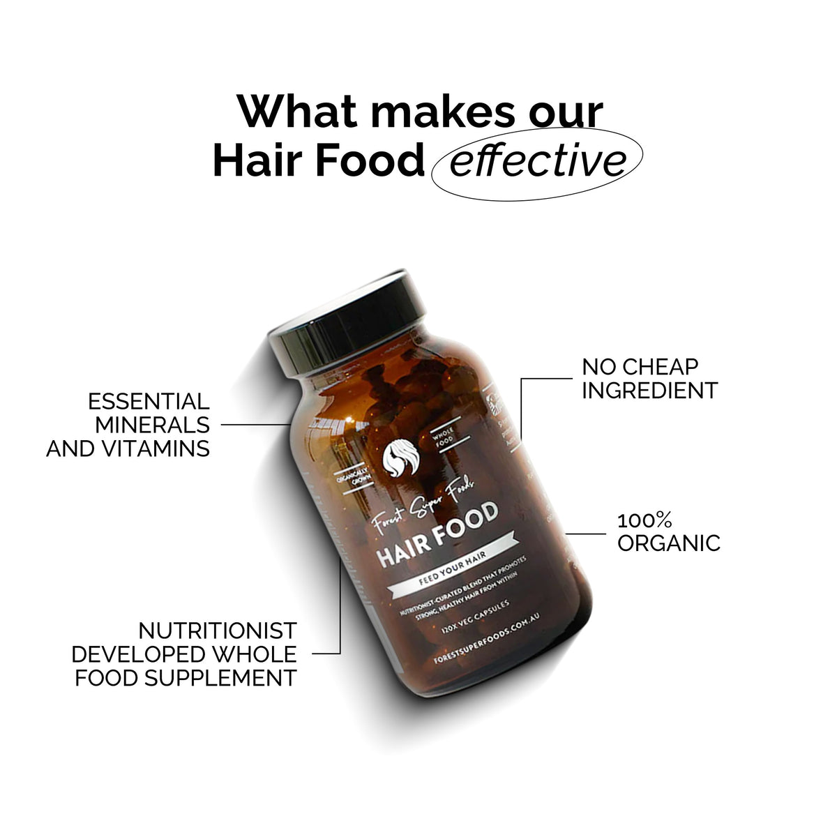 Hair Food bottle by Forest Super Foods with nutrient-rich whole food formula supporting healthy hair from within