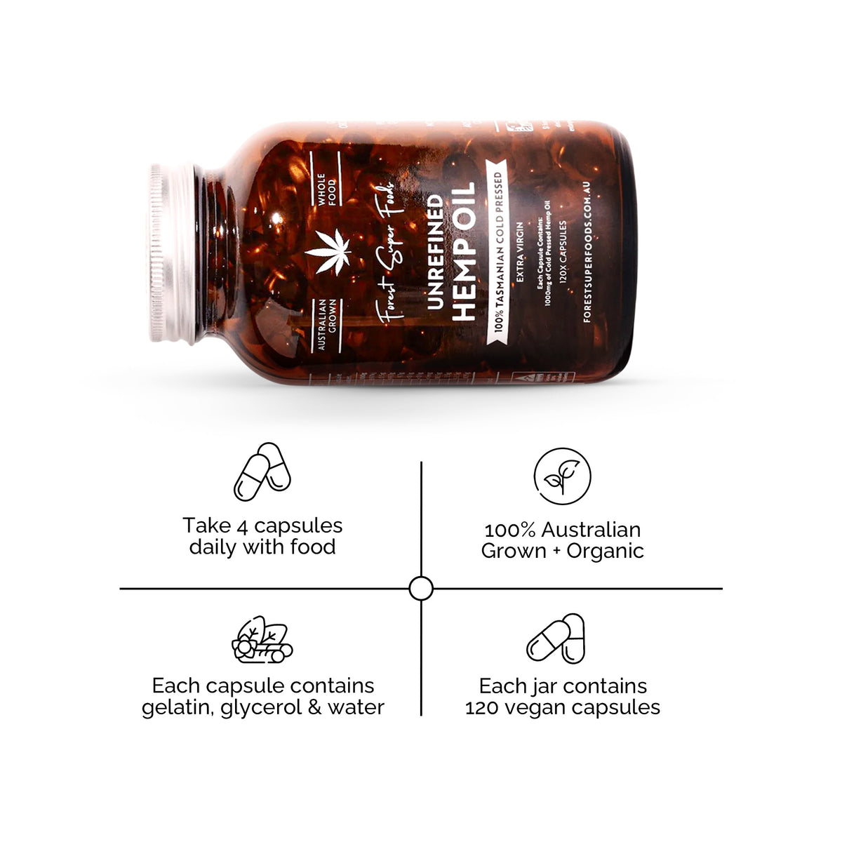 Unfiltered Hemp Seed Oil Capsules amber jar with 120 vegan capsules, Australian grown and organic supplement instructions