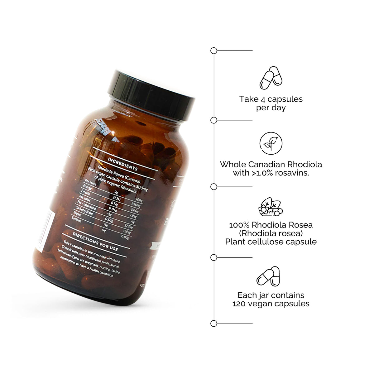 Whole Rhodiola Rosea bottle with dosage, Canadian source, and 120 vegan capsules for mental and physical stamina support
